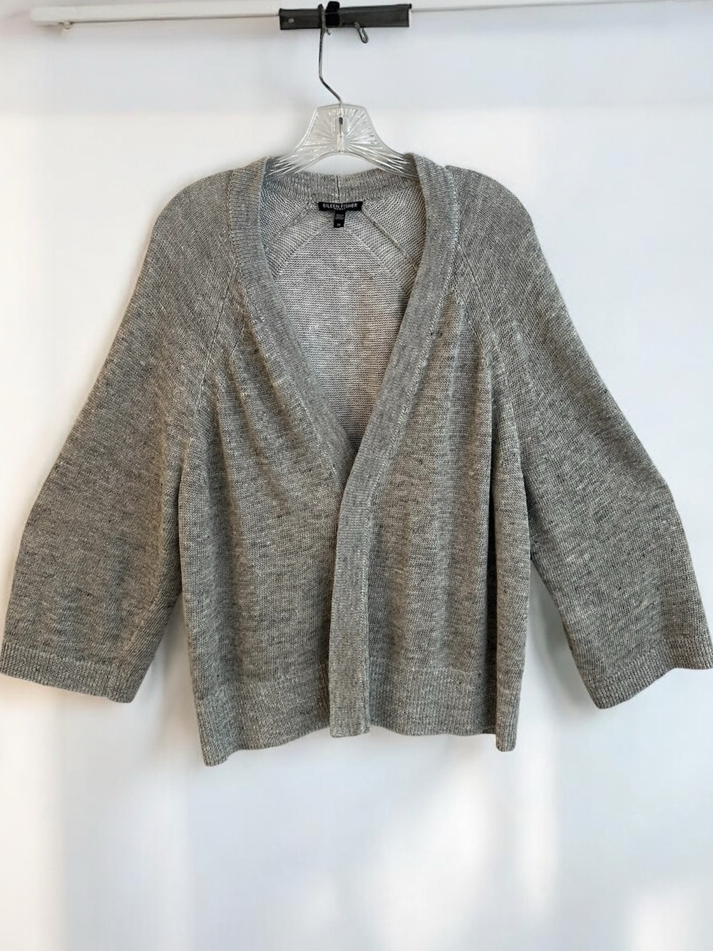 Eileen Fisher Organic Linen Cotton Grey Open Front Cardigan 2XL 3/4 Sleeve $248